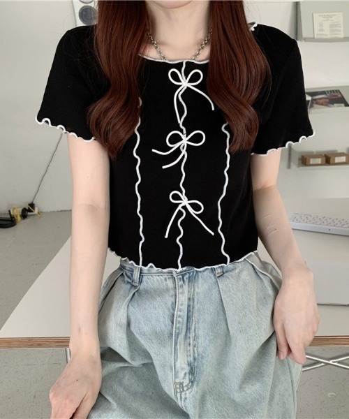 Teem Store(チームストア)の「リボン付きパイピングメロウ サマーニット トップス(ニット/セーター・レディース・イエロー/ホワイト/ピンク/ブラック/ブルー・F)」の14枚目の写真