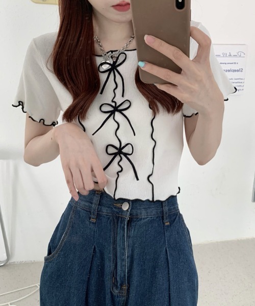 Teem Store(チームストア)の「リボン付きパイピングメロウ サマーニット トップス(ニット/セーター・レディース・イエロー/ホワイト/ピンク/ブラック/ブルー・F)」の8枚目の写真