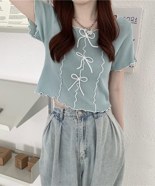 Teem Store(チームストア)の「リボン付きパイピングメロウ サマーニット トップス(ニット/セーター・レディース・イエロー/ホワイト/ピンク/ブラック/ブルー・F)」の15枚目の写真