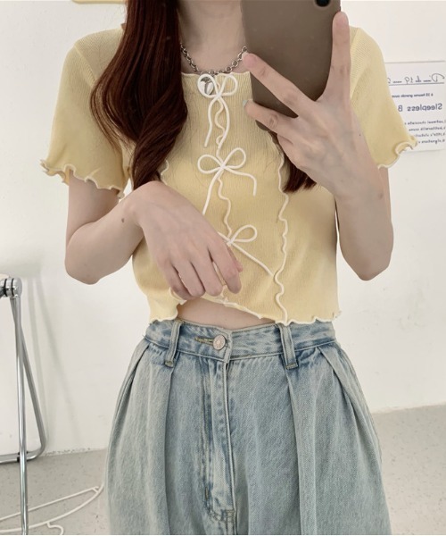 Teem Store(チームストア)の「リボン付きパイピングメロウ サマーニット トップス(ニット/セーター・レディース・イエロー/ホワイト/ピンク/ブラック/ブルー・F)」の16枚目の写真