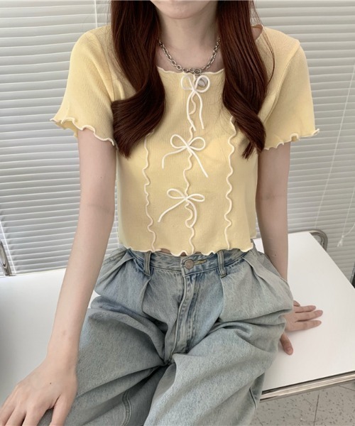 Teem Store(チームストア)の「リボン付きパイピングメロウ サマーニット トップス(ニット/セーター・レディース・イエロー/ホワイト/ピンク/ブラック/ブルー・F)」の17枚目の写真