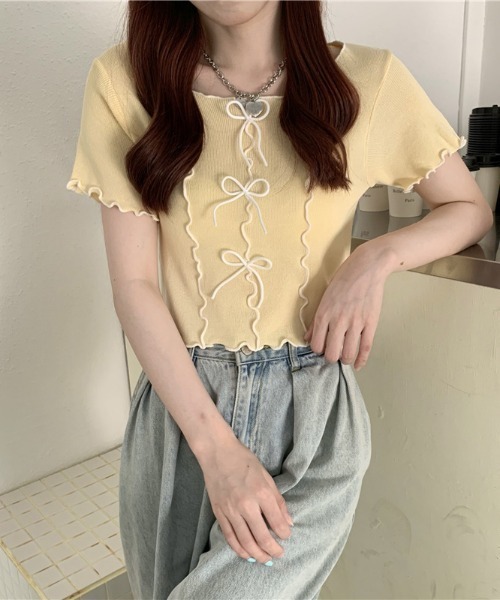 Teem Store(チームストア)の「リボン付きパイピングメロウ サマーニット トップス(ニット/セーター・レディース・イエロー/ホワイト/ピンク/ブラック/ブルー・F)」の18枚目の写真