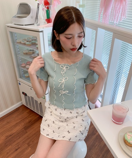 Teem Store(チームストア)の「リボン付きパイピングメロウ サマーニット トップス(ニット/セーター・レディース・イエロー/ホワイト/ピンク/ブラック/ブルー・F)」の19枚目の写真
