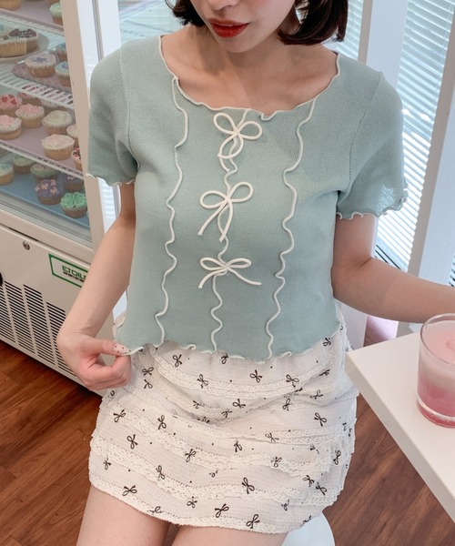 Teem Store(チームストア)の「リボン付きパイピングメロウ サマーニット トップス(ニット/セーター・レディース・イエロー/ホワイト/ピンク/ブラック/ブルー・F)」の20枚目の写真