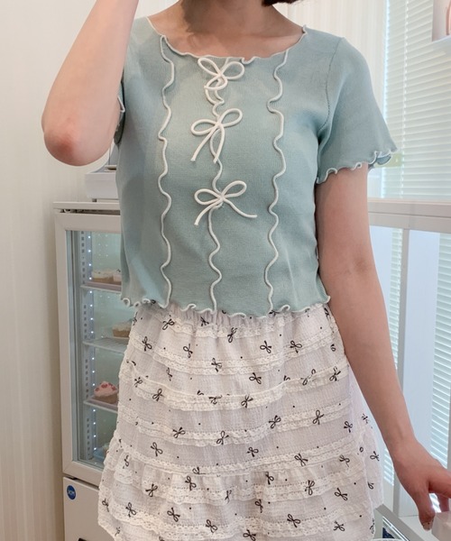 Teem Store(チームストア)の「リボン付きパイピングメロウ サマーニット トップス(ニット/セーター・レディース・イエロー/ホワイト/ピンク/ブラック/ブルー・F)」の21枚目の写真