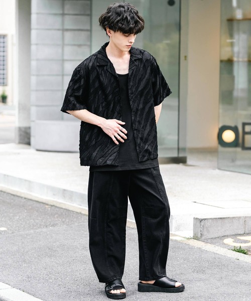 オーバーサイズ ゼブラ柄デザインレース開襟半袖シアーシャツ（シャツ