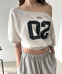 ボートネック オフショルダー ナンバリング クロップド トップス