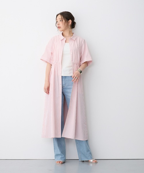 anyfee(エニフィー)の「【anyfee/プラスサイズ】ストライプ柄ドロストシャツ半袖ワンピース(シャツワンピース・レディース・ピンク/ブラック・LL/3L/4L/5L)」の11枚目の写真