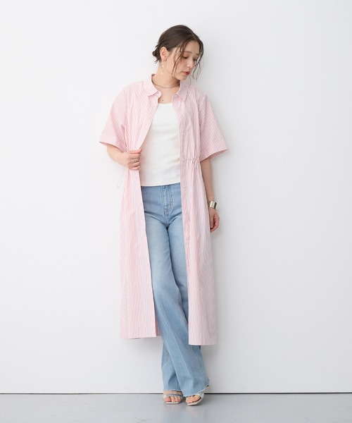 anyfee(エニフィー)の「【anyfee/プラスサイズ】ストライプ柄ドロストシャツ半袖ワンピース(シャツワンピース・レディース・ピンク/ブラック・LL/3L/4L/5L)」の15枚目の写真