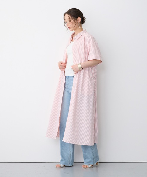 anyfee(エニフィー)の「【anyfee/プラスサイズ】ストライプ柄ドロストシャツ半袖ワンピース(シャツワンピース・レディース・ピンク/ブラック・LL/3L/4L/5L)」の16枚目の写真