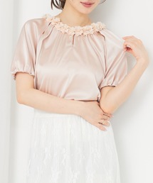 フラワーモチーフブラウス　フリル　オケージョン　夏服　半袖　フェミニン
