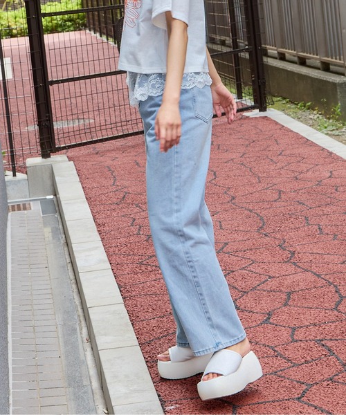 セール】チュールレース付きデニムパンツ/デニムワイドパンツ