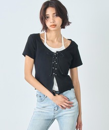 レイヤード風 レースアップ Tシャツ