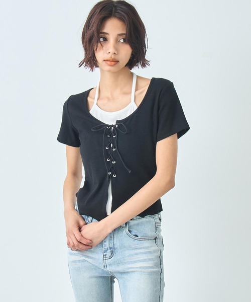ANAP(アナップ)の「レイヤード風 レースアップ Tシャツ(Tシャツ/カットソー・レディース・ブラック/アイボリー・FREE)」の11枚目の写真