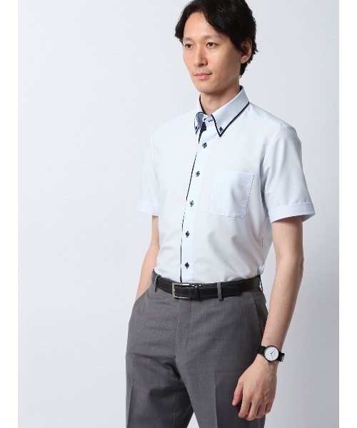 SUIT SQUARE(スーツスクエア)の「涼しい最高シャツ 半袖ワイシャツ ノンアイロンジャージー ボタンダウンカラー ドレスシャツ(ビジネスシャツ・メンズ・ブルー系2/ブルー系1/ホワイト系2/パープル系/ホワイト系1・LL/L/M/S/3L)」の3枚目の写真