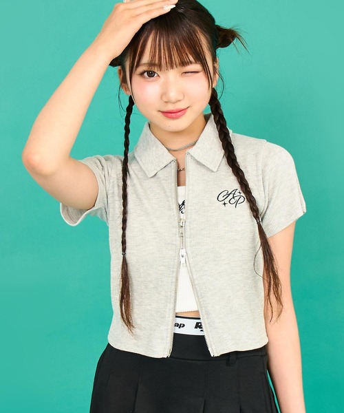 ANAP GｉRL（アナップガール）の「ダブルジップリブトップス(キッズお揃い)（Tシャツ/カットソー・キッズ・ライトグレー/ブラック/ラベンダー/ライトイエロー・M/S/XS）」の12枚目の写真