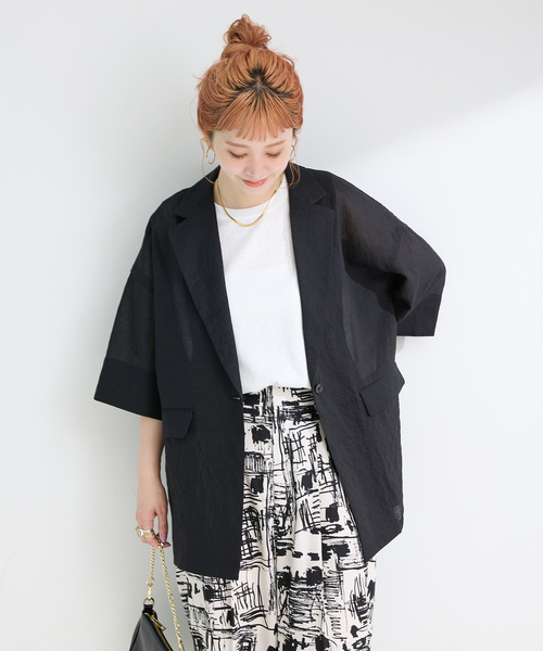 B.C STOCK(ベーセーストック)の「手洗い可 / ハーフスリーブジャケット(その他アウター・レディース・ベージュ/ブラック・FREE)」の4枚目の写真