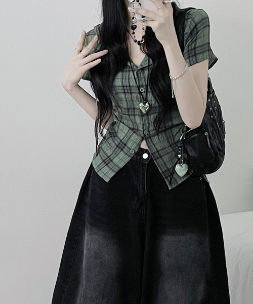 VIVID LADY(ビビッドレディー)の「フード付き チェック柄半袖シャツ(シャツ/ブラウス・レディース・ベージュ/ネイビー/カーキ・FREE)」の15枚目の写真