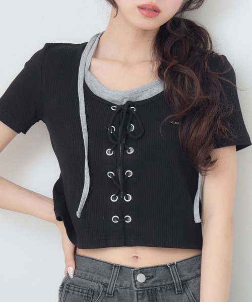 ems excite(エムズエキサイト)の「ホルターネックレースアップCT(Tシャツ/カットソー・レディース・ブラック/ダークグレー/ブラウン・FREE)」の1枚目の写真