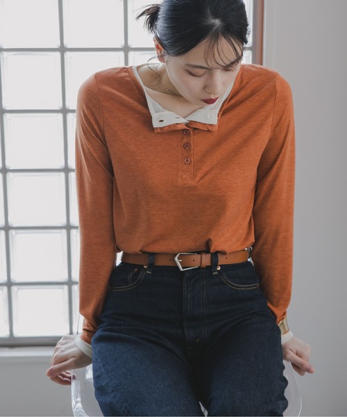 210nouve（トゥージュヌーブ）の「フェイクレイヤード 配色 ヘンリーネック ロンT（Tシャツ/カットソー・レディース・ブラウン/チャコールグレー/グレー/オレンジ/ブラウン系その他/イエロー・FREE）」の6枚目の写真