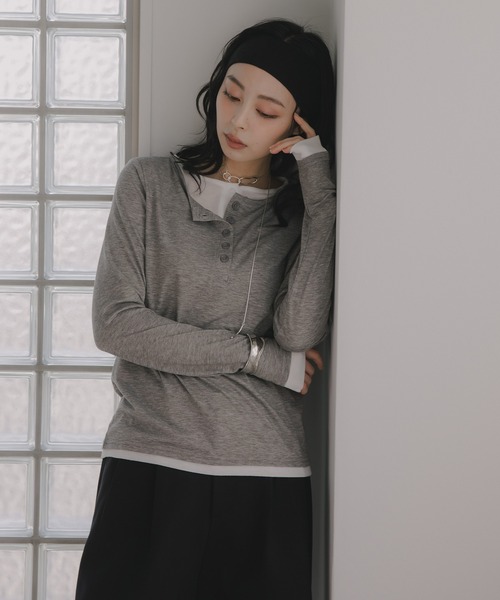 210nouve（トゥージュヌーブ）の「フェイクレイヤード 配色 ヘンリーネック ロンT（Tシャツ/カットソー・レディース・ブラウン/チャコールグレー/グレー/オレンジ/ブラウン系その他/イエロー・FREE）」の15枚目の写真