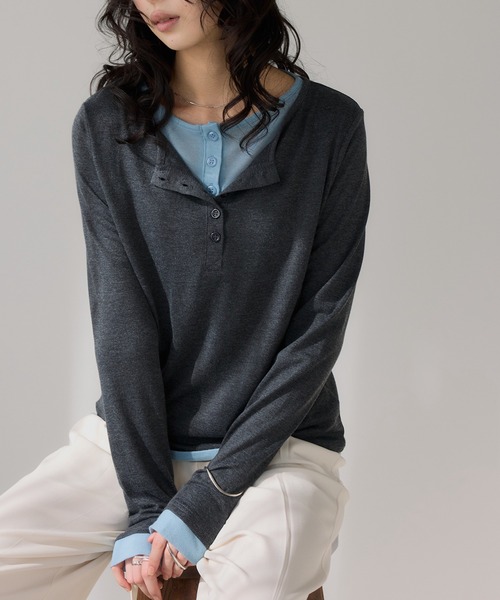 210nouve（トゥージュヌーブ）の「フェイクレイヤード 配色 ヘンリーネック ロンT（Tシャツ/カットソー・レディース・ブラウン/チャコールグレー/グレー/オレンジ/ブラウン系その他/イエロー・FREE）」の19枚目の写真