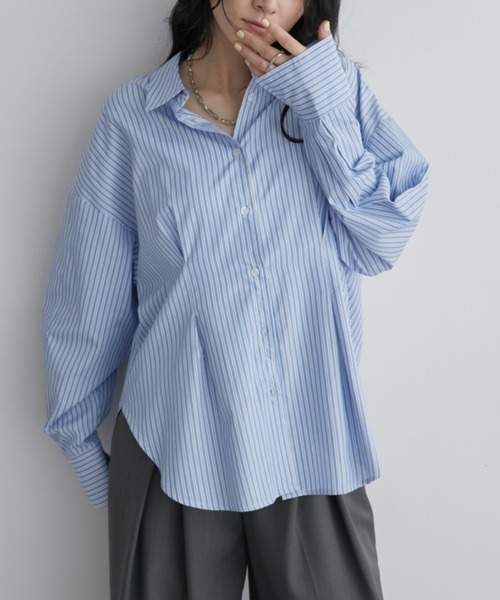 Aunt Marie's（アントマリーズ）の「フロントタックロングスリーブシャツ（シャツ/ブラウス・レディース・ストライプ/ネイビー/サックスブルー/ナチュラル・FREE）」の4枚目の写真