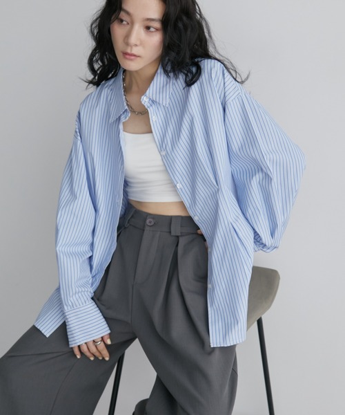 Aunt Marie's(アントマリーズ)の「フロントタックロングスリーブシャツ(シャツ/ブラウス・レディース・ストライプ/ネイビー/サックスブルー/ナチュラル・FREE)」の7枚目の写真