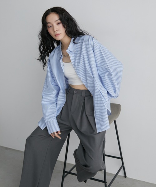 Aunt Marie's(アントマリーズ)の「フロントタックロングスリーブシャツ(シャツ/ブラウス・レディース・ストライプ/ネイビー/サックスブルー/ナチュラル・FREE)」の6枚目の写真