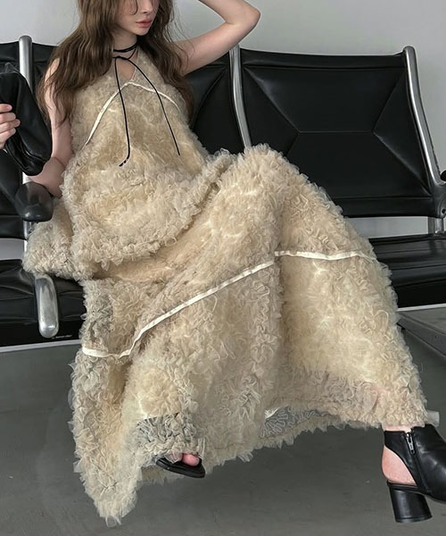 circle tulle motif balloon peplum nosleeve tops（シャツ/ブラウス