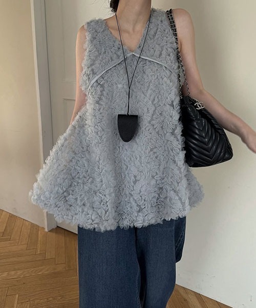 circle tulle motif balloon peplum nosleeve tops（シャツ/ブラウス