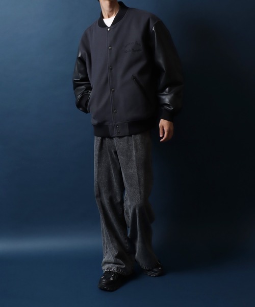 ANPAS(アンパス)の「ANPAS Exclusive Melton Varsity Jacket with One-Point Logo Embroidery /アンパス別注 ワンポイントロゴ刺繍 メルトン スタジャン メンズ レディース ユニセックス アウター ブルゾン(スタジャン・メンズ・ブラック/チャコール・M/L/LL)」の7枚目の写真