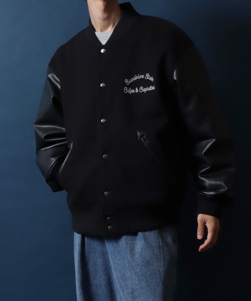 ANPAS(アンパス)の「ANPAS Exclusive Melton Varsity Jacket with One-Point Logo Embroidery /アンパス別注 ワンポイントロゴ刺繍 メルトン スタジャン メンズ レディース ユニセックス アウター ブルゾン(スタジャン・メンズ・ブラック/チャコール・M/L/LL)」の4枚目の写真