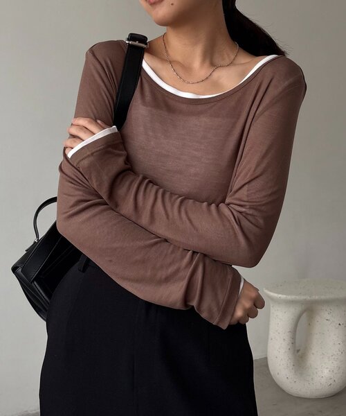 CAPRICIEUX LE'MAGE(カプリシューレマージュ)の「【前後2WAY】2WAYボートネックシアーロンT(Tシャツ/カットソー・レディース・グレイッシュベージュ/ブラック/イエロー/グレー/ブラウン/ホワイト・FREE)」の4枚目の写真