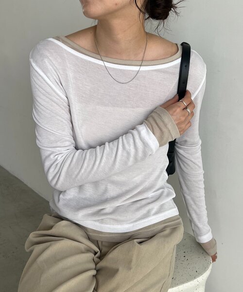 CAPRICIEUX LE'MAGE(カプリシューレマージュ)の「【前後2WAY】2WAYボートネックシアーロンT(Tシャツ/カットソー・レディース・グレイッシュベージュ/ブラック/イエロー/グレー/ブラウン/ホワイト・FREE)」の2枚目の写真