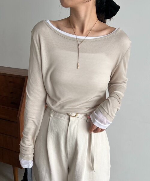 CAPRICIEUX LE'MAGE(カプリシューレマージュ)の「【前後2WAY】2WAYボートネックシアーロンT(Tシャツ/カットソー・レディース・グレイッシュベージュ/ブラック/イエロー/グレー/ブラウン/ホワイト・FREE)」の5枚目の写真
