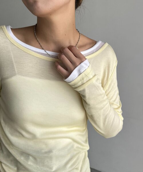 CAPRICIEUX LE'MAGE(カプリシューレマージュ)の「【前後2WAY】2WAYボートネックシアーロンT(Tシャツ/カットソー・レディース・グレイッシュベージュ/ブラック/イエロー/グレー/ブラウン/ホワイト・FREE)」の6枚目の写真
