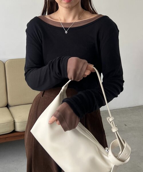 CAPRICIEUX LE'MAGE(カプリシューレマージュ)の「【前後2WAY】2WAYボートネックシアーロンT(Tシャツ/カットソー・レディース・グレイッシュベージュ/ブラック/イエロー/グレー/ブラウン/ホワイト・FREE)」の7枚目の写真