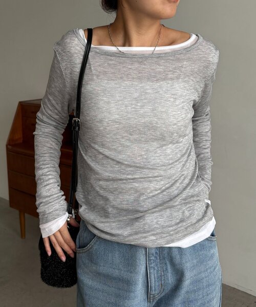 CAPRICIEUX LE'MAGE(カプリシューレマージュ)の「【前後2WAY】2WAYボートネックシアーロンT(Tシャツ/カットソー・レディース・グレイッシュベージュ/ブラック/イエロー/グレー/ブラウン/ホワイト・FREE)」の11枚目の写真