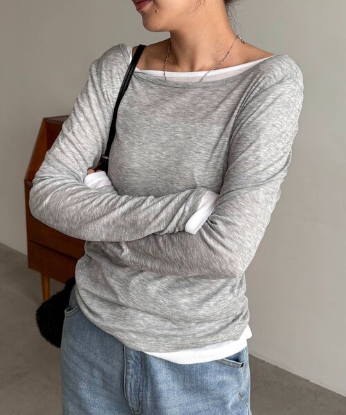 CAPRICIEUX LE'MAGE(カプリシューレマージュ)の「【前後2WAY】2WAYボートネックシアーロンT(Tシャツ/カットソー・レディース・グレイッシュベージュ/ブラック/イエロー/グレー/ブラウン/ホワイト・FREE)」の15枚目の写真