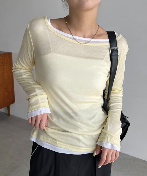 CAPRICIEUX LE'MAGE(カプリシューレマージュ)の「【前後2WAY】2WAYボートネックシアーロンT(Tシャツ/カットソー・レディース・グレイッシュベージュ/ブラック/イエロー/グレー/ブラウン/ホワイト・FREE)」の22枚目の写真
