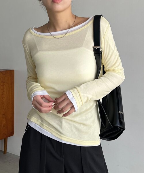 CAPRICIEUX LE'MAGE(カプリシューレマージュ)の「【前後2WAY】2WAYボートネックシアーロンT(Tシャツ/カットソー・レディース・グレイッシュベージュ/ブラック/イエロー/グレー/ブラウン/ホワイト・FREE)」の17枚目の写真