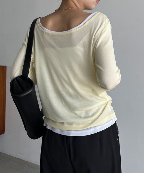 CAPRICIEUX LE'MAGE(カプリシューレマージュ)の「【前後2WAY】2WAYボートネックシアーロンT(Tシャツ/カットソー・レディース・グレイッシュベージュ/ブラック/イエロー/グレー/ブラウン/ホワイト・FREE)」の18枚目の写真