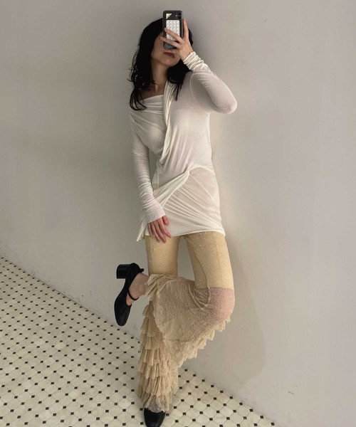 Lam balm(ラムバム)の「【Lam Balm】レースヘムティアードパンツ(レギンス/スパッツ・レディース・ベージュ/ホワイト・1/0)」の2枚目の写真