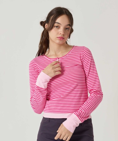TINA:JOJUN(ティーナジョジュン)の「ボーダー ヘンリーネック カットソー TINA:JOJUN(Tシャツ/カットソー・レディース・ピンク/パープル/ネイビー/ライトブルー・M)」の1枚目の写真