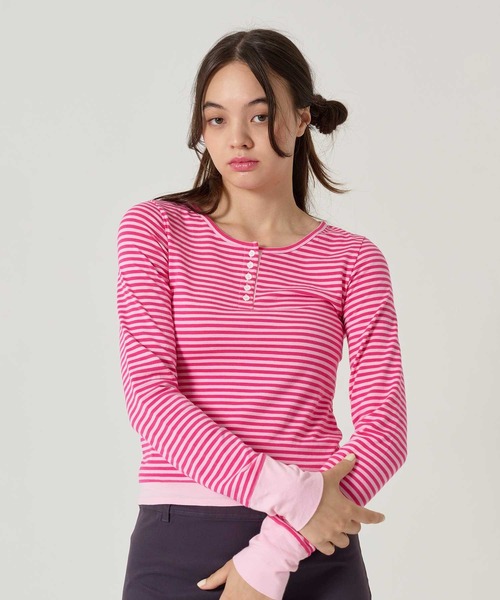 TINA:JOJUN(ティーナジョジュン)の「ボーダー ヘンリーネック カットソー TINA:JOJUN(Tシャツ/カットソー・レディース・ピンク/パープル/ネイビー/ライトブルー・M)」の5枚目の写真
