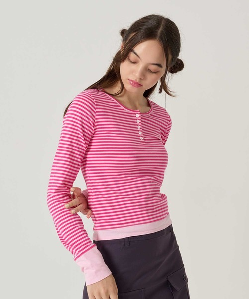 TINA:JOJUN(ティーナジョジュン)の「ボーダー ヘンリーネック カットソー TINA:JOJUN(Tシャツ/カットソー・レディース・ピンク/パープル/ネイビー/ライトブルー・M)」の6枚目の写真