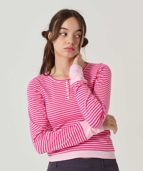 TINA:JOJUN(ティーナジョジュン)の「ボーダー ヘンリーネック カットソー TINA:JOJUN(Tシャツ/カットソー・レディース・ピンク/パープル/ネイビー/ライトブルー・M)」の7枚目の写真