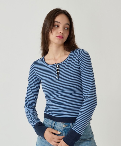 TINA:JOJUN(ティーナジョジュン)の「ボーダー ヘンリーネック カットソー TINA:JOJUN(Tシャツ/カットソー・レディース・ピンク/パープル/ネイビー/ライトブルー・M)」の16枚目の写真