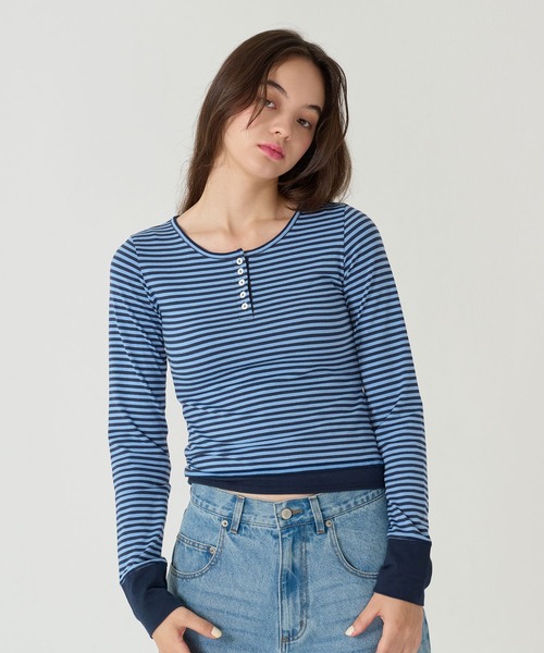 TINA:JOJUN(ティーナジョジュン)の「ボーダー ヘンリーネック カットソー TINA:JOJUN(Tシャツ/カットソー・レディース・ピンク/パープル/ネイビー/ライトブルー・M)」の18枚目の写真